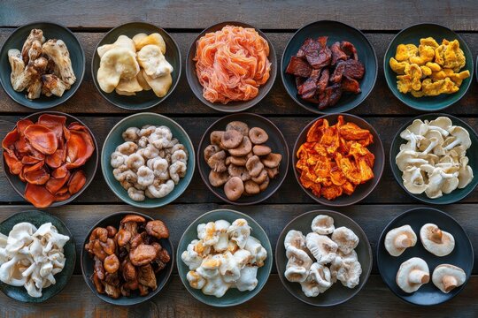 Medicinal Mushrooms on Wooden Table