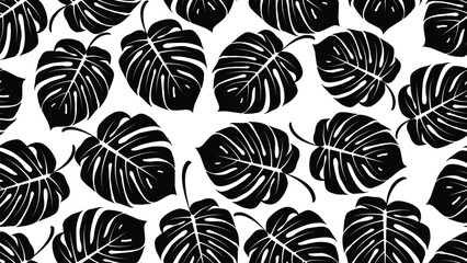 A vibrant seamless pattern showcasing black Monstera leaves ,set against a white background.Tropical leaf design, Ideal for fabric,packaging, wallpaper and summer-themed digital project