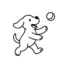 A dog mid-run with wide eyes and open mouth, eagerly chasing a flying ball, captured with energetic thin lines.