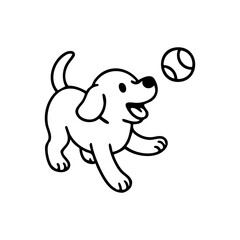 A dog mid-run with wide eyes and open mouth, eagerly chasing a flying ball, captured with energetic thin lines.