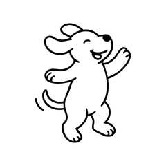 A joyful dog standing on its back legs, front paws raised, tail wagging wildly, drawn in a fun and bouncy line style.