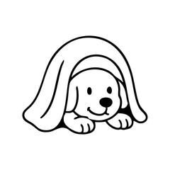 A dog’s happy face peeking out from a soft blanket, only its nose and eyes visible, cozy and cute with thin sketch lines.