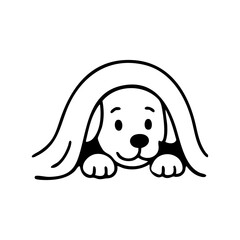 A dog’s happy face peeking out from a soft blanket, only its nose and eyes visible, cozy and cute with thin sketch lines.