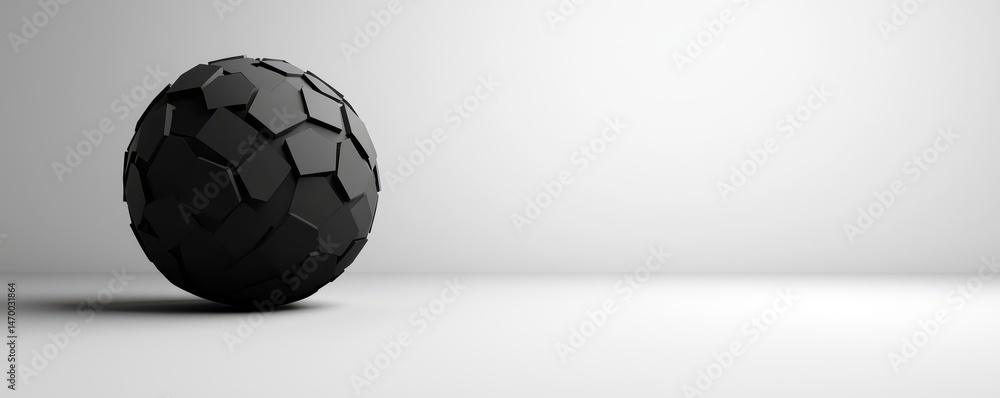Poster a black geometric sphere with a polygonal pattern sits on a smooth, white, minimalistic surface with