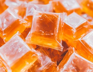 Individual square candies in clear plastic packaging