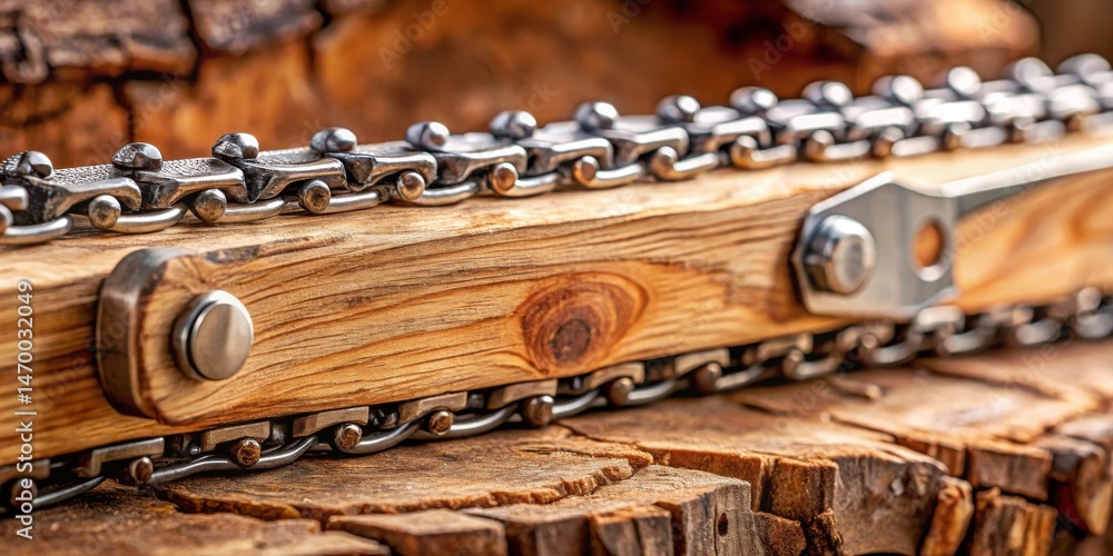 Poster close-up view of a sturdy metal chain resting on a rustic wooden surface