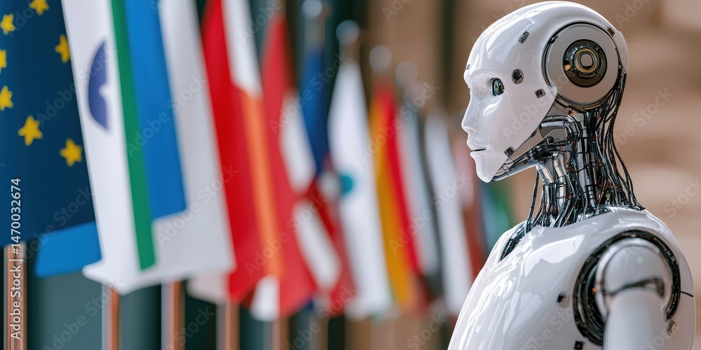 Leinwandbilder a humanoid robot stands in front of multiple international flags, symbolizing global technology and 