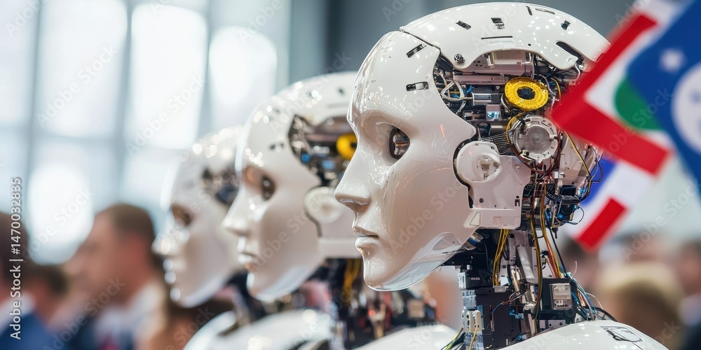 Poster Humanoid robots with exposed mechanical parts stand in a row at a technology exhibition.