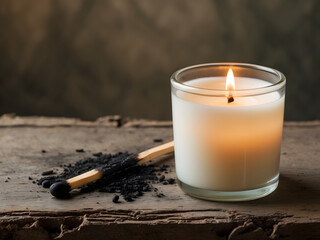 Illuminating Moments: A softly lit candle casts a warm glow, accompanied by a spent match, evoking a sense of tranquility and introspection.