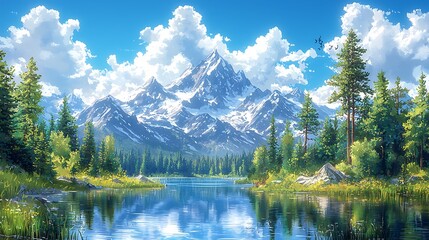 A serene mountain lake scene under a vibrant sky.