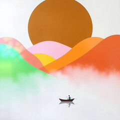 Tranquil Minimalist Waterscape: Color-Blocked Hills, Solid Sun, and Floating Figure in Muted Teal Lake