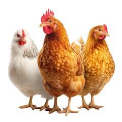 Fototapeta premium Three Beautiful Chickens in a Row , isolated on white background png
