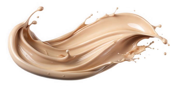 A dynamic splash of light beige liquid, creating an elegant curve in mid-air, showcasing smooth texture and glossy finish, perfect for cosmetic or food imagery.