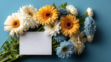 Bright Floral Arrangement with Blank Card on Blue Background for Creative Projects and Designs