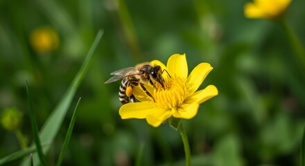 Bee on Yellow Flower in Meadow - A honeybee collects pollen from a bright yellow flower in a lush green meadow. Close-up shot showcasing nature's beauty