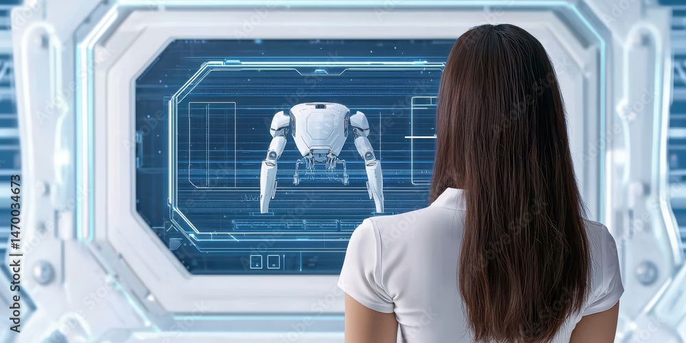 Aufkleber a woman observes a futuristic screen displaying a robotic machine in a high-tech environment.