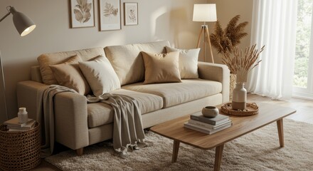 Beige Sofa Living Room Interior Design - Cozy living room, beige sofa, decorative pillows, natural light, calm atmosphere. Symbolizing comfort, relaxation, warmth, serenity, and