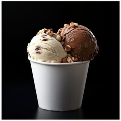 Two scoops of ice cream, one vanilla and one chocolate, topped with almonds