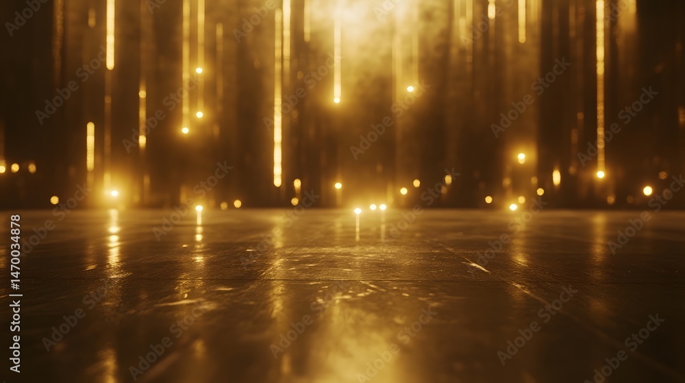 Poster a vibrant abstract scene with a mesmerizing reflection of soft golden lights dancing on a tranquil s