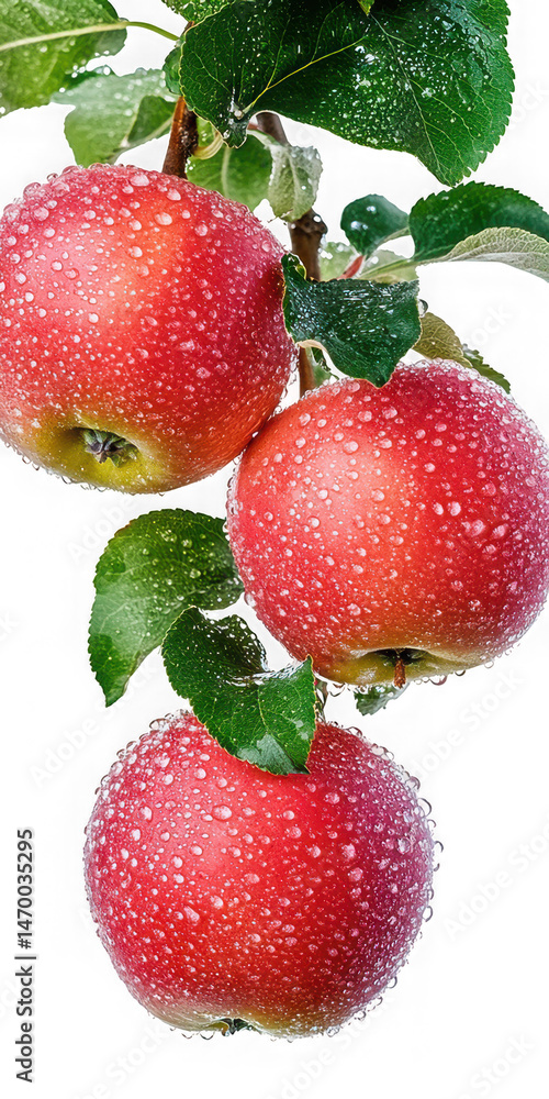 Poster three red apples on a branch with water droplets on transparent background
