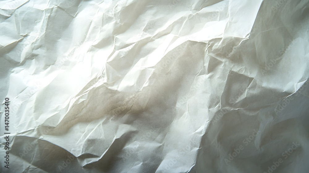 Poster closeup of a crumpled wrinkled paper surface with soft subtle highlights and shadows creating a deli