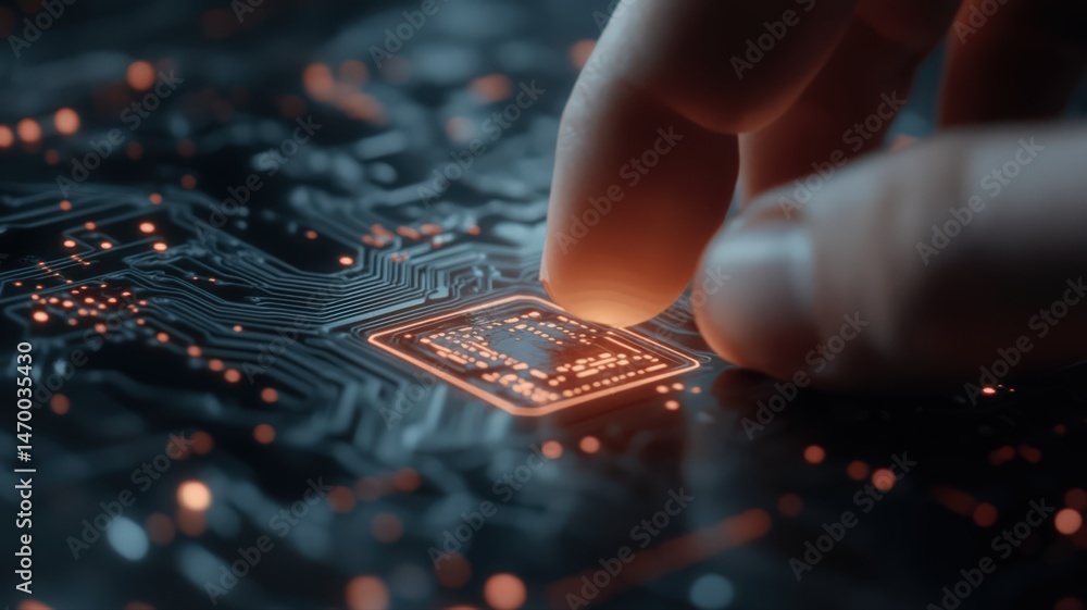Poster fingertip touching illuminated microchip on circuit board