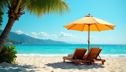 Obraz premium Relaxing under a large umbrella on a sunny day, peaceful scene , serene, vacation