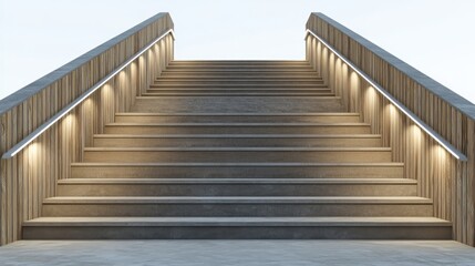 Exterior stairway ascent illuminated by subtle lights.