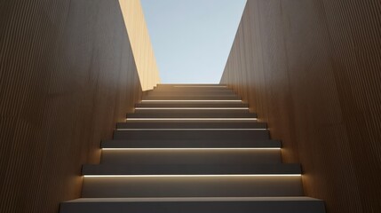 Fototapeta premium Modern wooden stairway leading upward to the light.