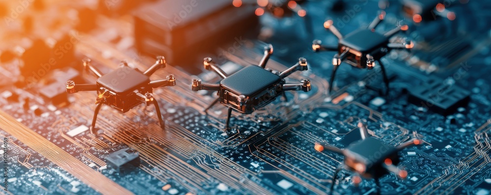 Aufkleber Microchip robots resembling insects crawl on a circuit board, symbolizing advanced nanotechnology and artificial intelligence.