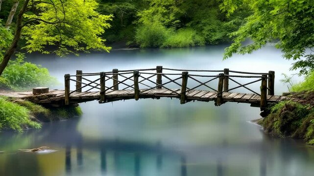 rustic wooden bridge over tranquil waters, enveloped in ethereal mist and lush foliage creating a serene scene
