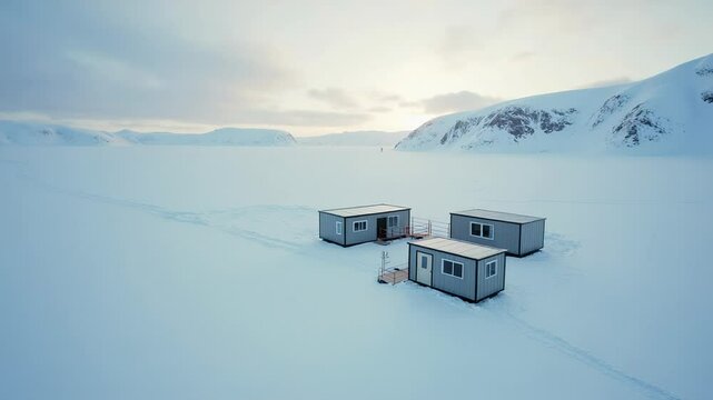 Drone view captures an arctic research station amidst expansive snowfields and mountains