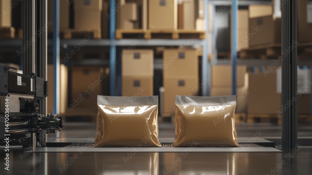 Poster a machine is sealing two bags in a warehouse, highlighting automation in packaging processes with bo
