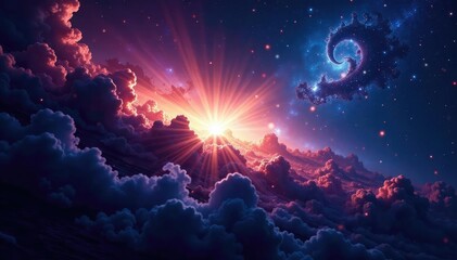 Naklejka premium Stunning cosmic vista showcasing a cluster of galaxies, swirling nebulae, and distant stars A breathtaking display of celestial beauty , pattern, galaxy cluster