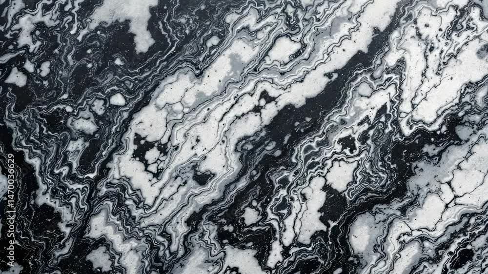 Poster swirling patterns of black and white create a dynamic, abstract texture reminiscent of polished ston
