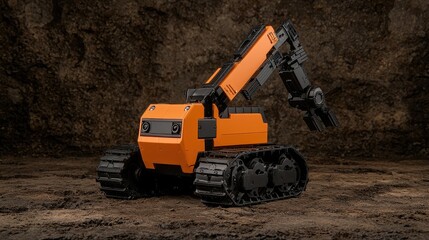 A small orange toy excavator with tracks and a mechanical arm stands on a textured, earthy surface.