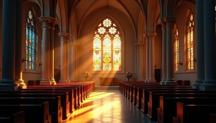 Fototapeta premium Tranquil church interior, sunlight streaming through stained glass, faith, detail