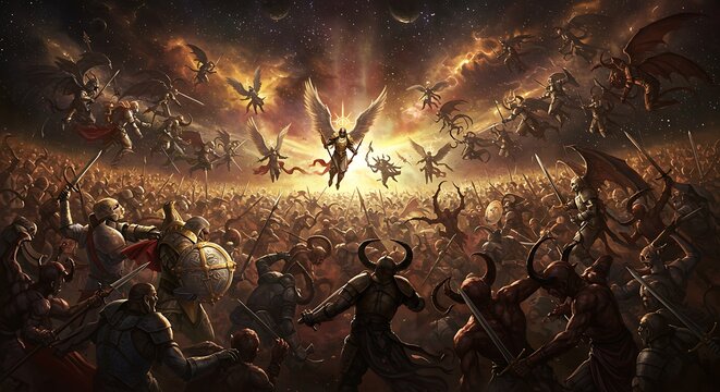 The Battle for Souls This image represents the ongoing spiritual struggle between good and evil, a central theme in religious and fantasy narratives.