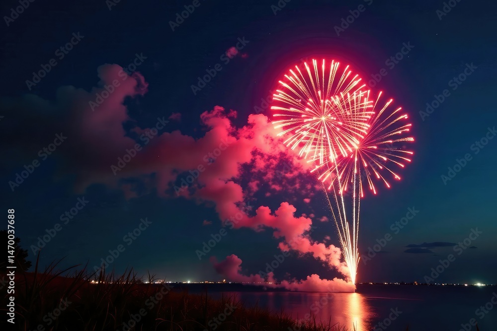 Canvas Prints vibrant fireworks exploding in a night sky, creating fiery trails and colorful bursts , pattern, red
