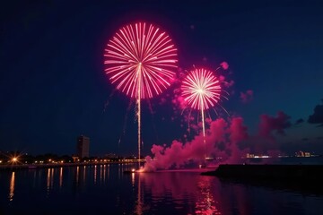 Vibrant fireworks explode in the night sky over a cityscape , cityscape, colorful