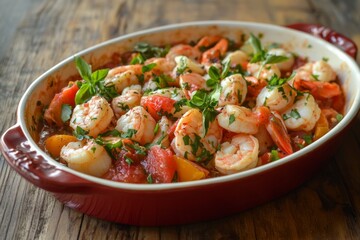 Fresh herb garnished shrimp and tomato casserole in red dish