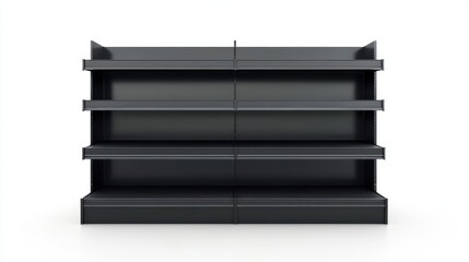 A 4K photo of 4K photo of black POS display stand for products in supermarket, store and shop. Modern realistic 3D mockup of promotion rack with empty shelves, retail.