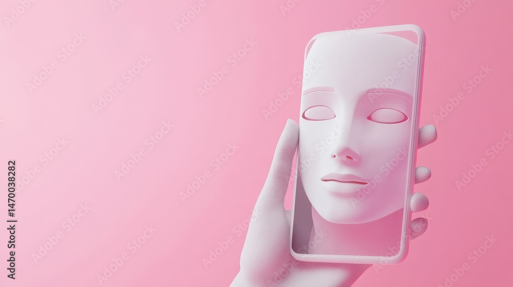 Poster a hand holding a smartphone with a white robot face on the screen and a chatbot icon used for an ai 