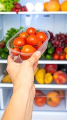 A person stands in front of an open refrigerator, holding ripe red tomatoes, showcasing their vibrant color against the cool, bright interior.