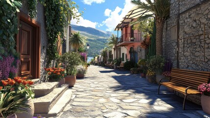 Fototapeta premium Sunny Mediterranean village street, flowers, travel poster