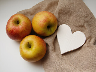 Fresh red apples with white wooden heart on beige cloth napkin, minimalist kitchen decor for healthy eating, Valentine's gifts, rustic home styling with natural light and organic textures. 