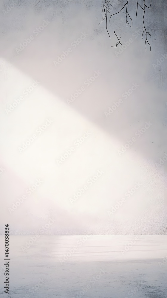 Poster A tranquil frozen lake or pond surrounded by a minimalist winter landscape with a soft hazy atmosphere and a serene reflection of the bare tree branches