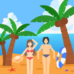 여름휴가 해변 풍경 A woman and a man in a swimsuit who enjoy playing in the water on a summer day