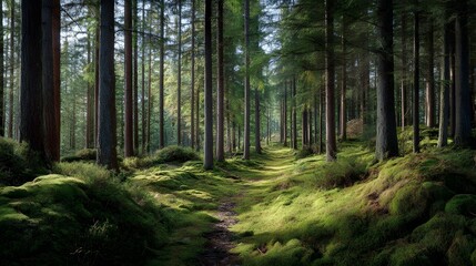 Fototapeta premium Peaceful forest trail winding through lush green woods in the morning light