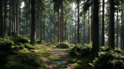 Obraz premium Peaceful forest trail winding through lush green woods in the morning light